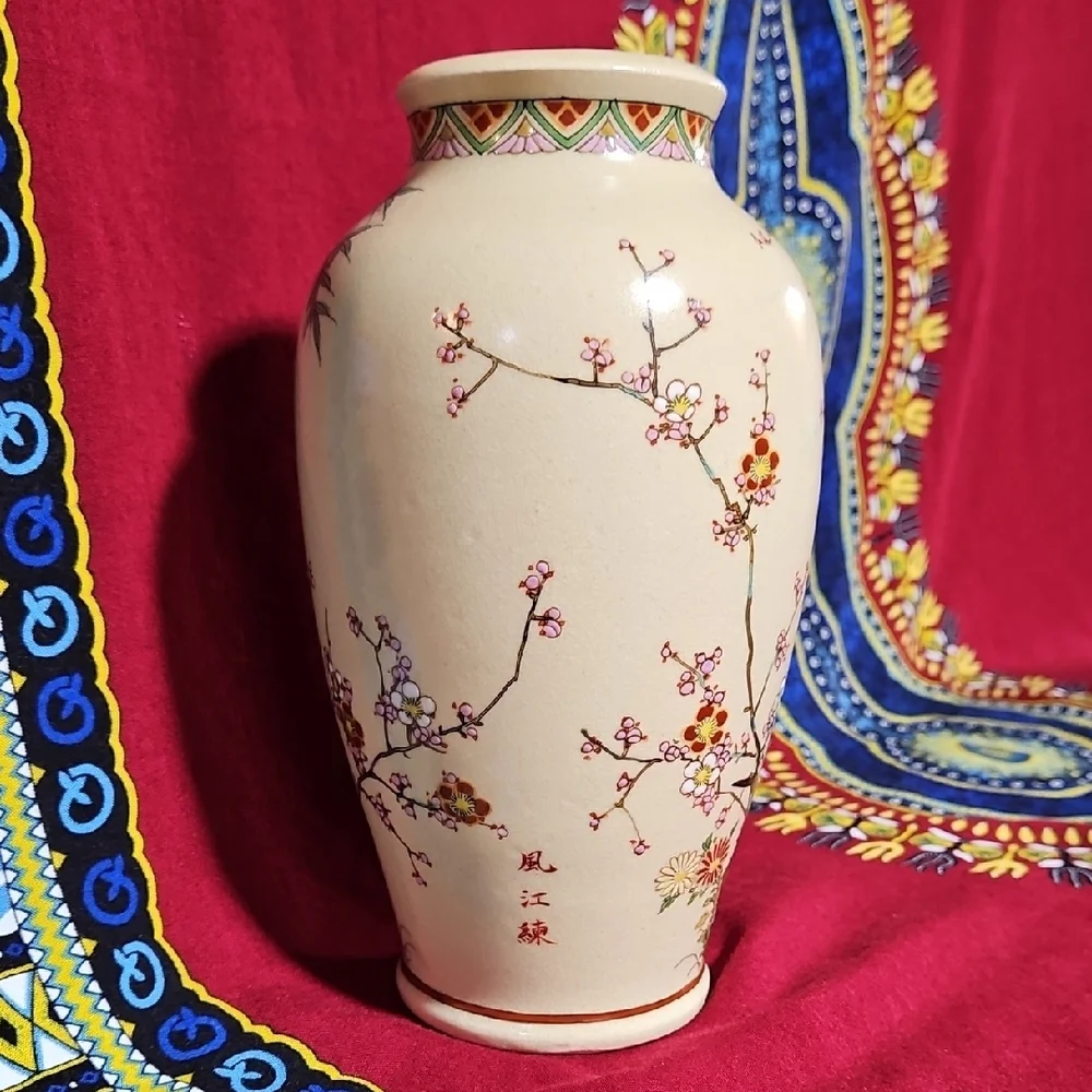 VTG Japanese Shinkozan Satsuma Handpainted Crackle Glaze Vase Birds/Blossoms #1